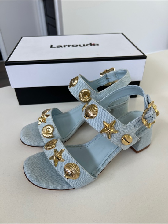 Larroude Shoes - Larroude madison block light blue denim maya heels open toe sandals gold 6